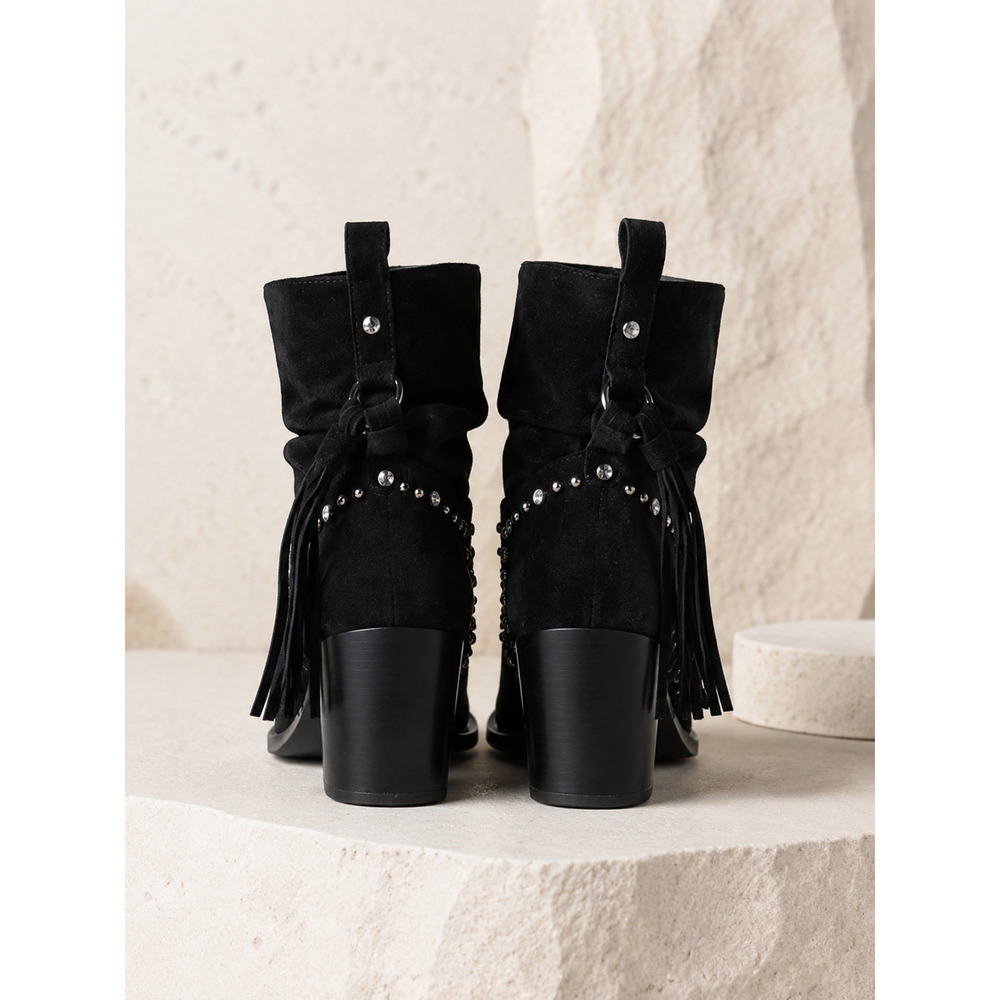VENUS Women’s 6M Black Fringe Rhinestone Studded Pointed Toe Ankle Boots - Picture 6 of 10